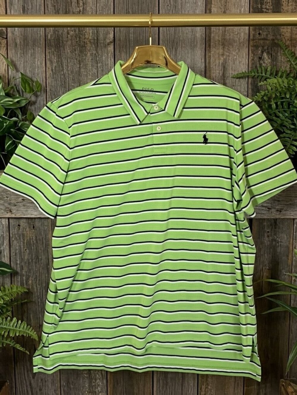 Polo Ralph Lauren Performance Polo Shirt XXL Green Striped Short Sleeve Pony